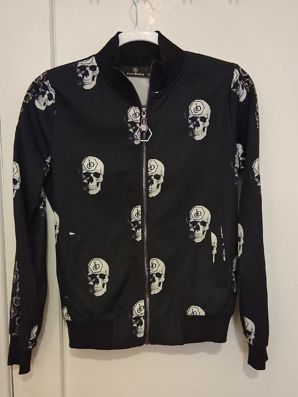 Coco Bianca Black Skull Zip  Jacket with Silver Rhinestones Logo Detail S